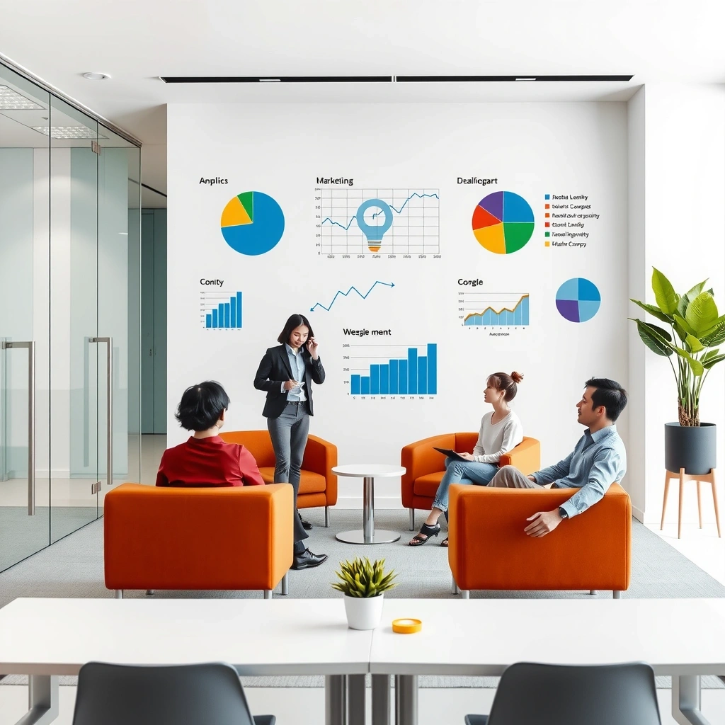 Professional marketing team collaborating in modern office